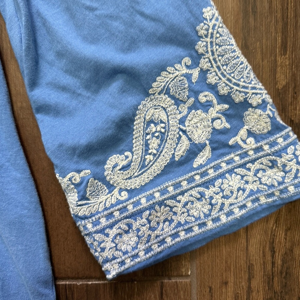 J. Jill Blue Cotton Tencel Modal Embroidered Paisley 3/4 Sleeve Knit Top Small - Picture 4 of 9